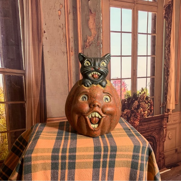 Halloween Cat Pumpkin Vintage Retro Crackle Paint Decor Party Decoration Rare - Picture 10 of 11
